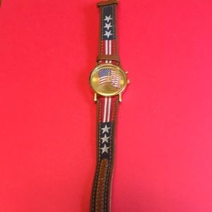 Vintage Valdawn Stars & Stripes USA Flag Watch Gold Tone Leather Band